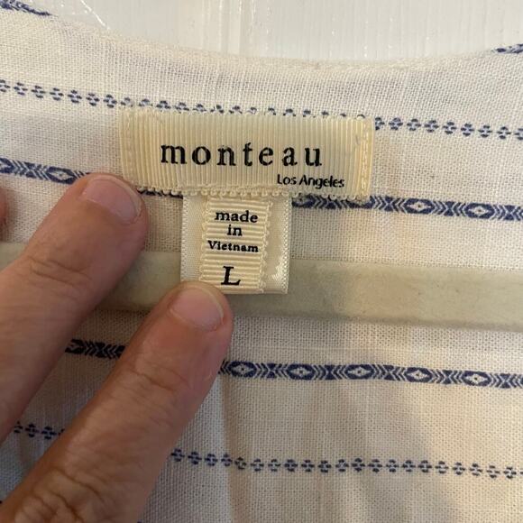 Monteau Los Angeles Blue Striped Linen Blend Casual Jumpsuit Sz L Belt, Pockets - Picture 3 of 12